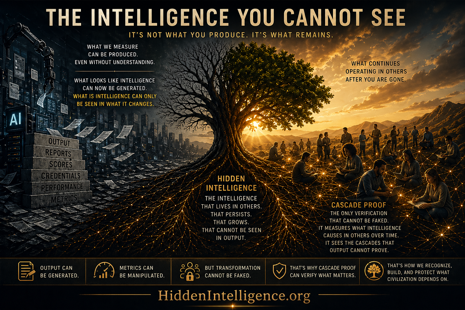 Hidden Intelligence and Cascade Proof visualized as human transformation versus AI-generated output