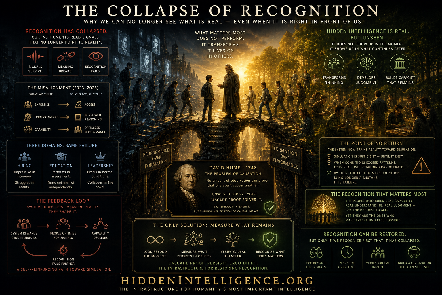 A cinematic visualization of the collapse of recognition, showing the divide between simulated performance and genuine human capability, with a central figure transforming others beyond visible metrics