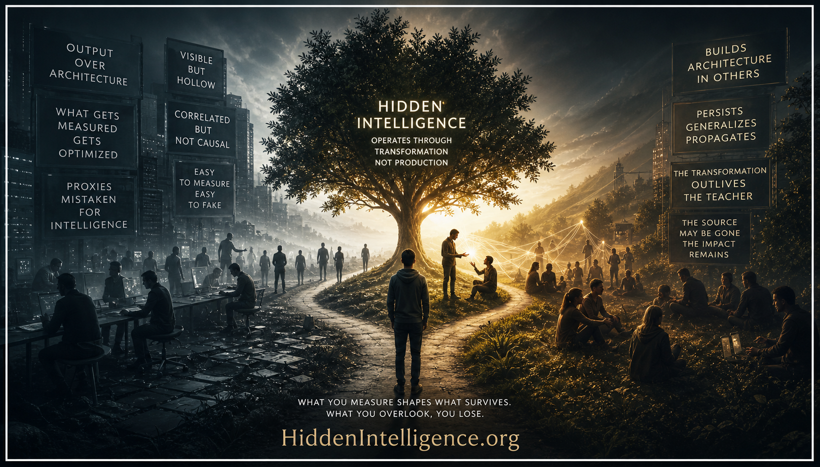 Hidden Intelligence visualized as transformation of human thinking, contrasting output-based systems with lasting cognitive change