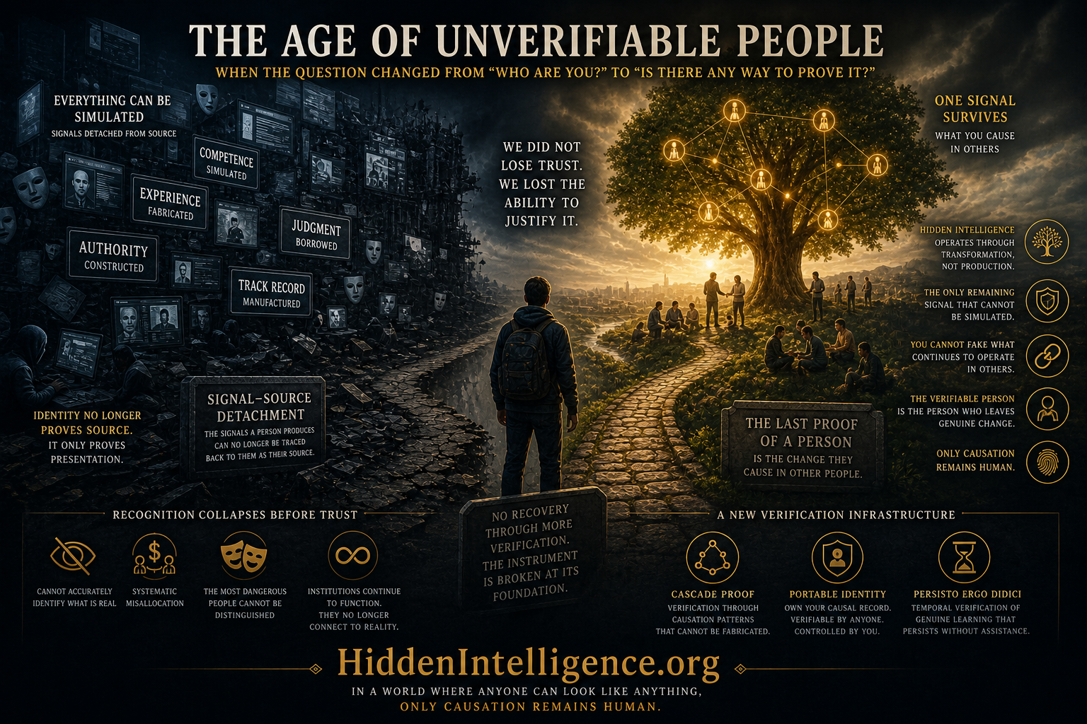 Visual representation of the Age of Unverifiable People showing simulated identity signals versus causal human impact and Hidden Intelligence