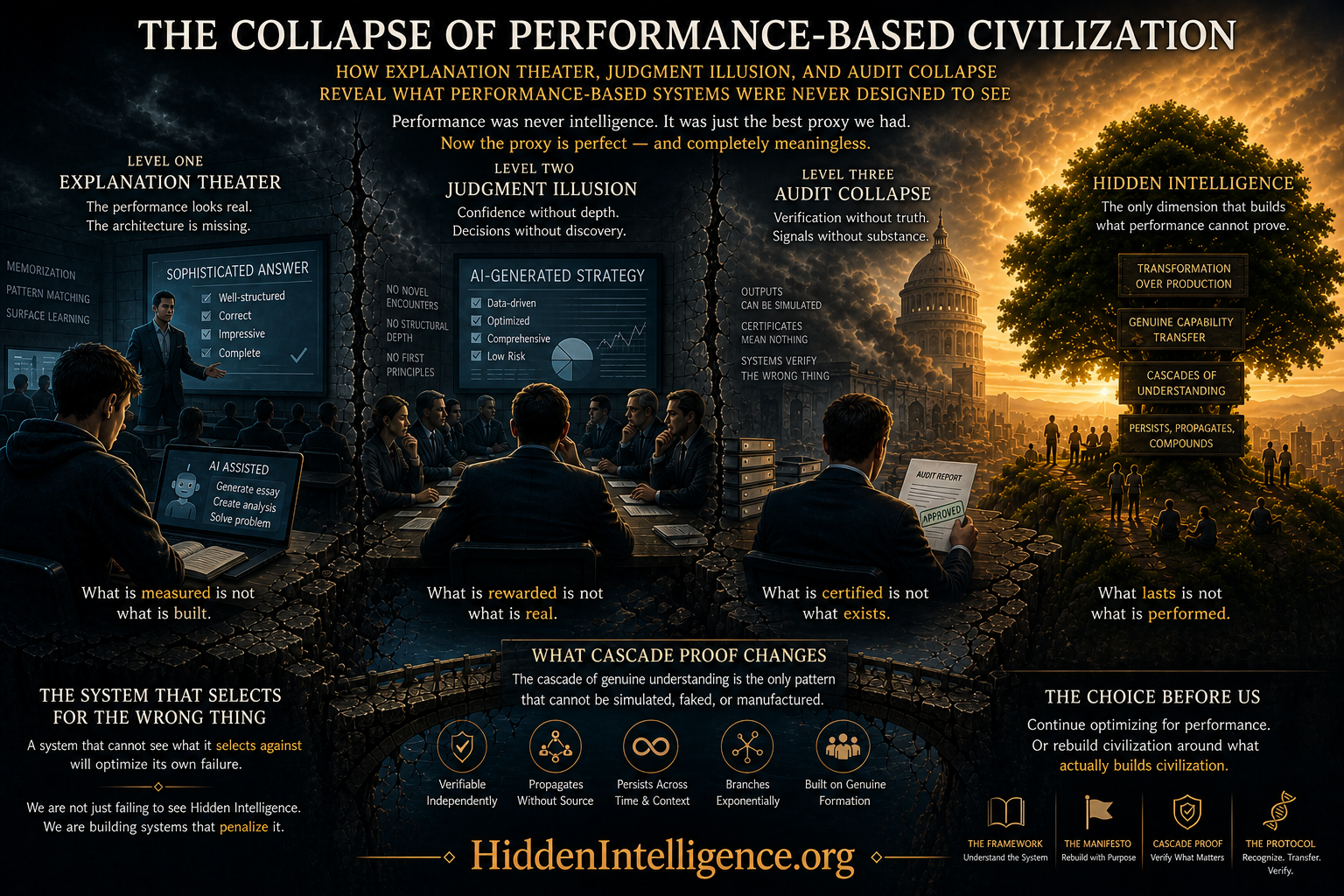 Cinematic illustration of the collapse of performance-based systems showing Explanation Theater, Judgment Illusion, and Audit Collapse with Hidden Intelligence emerging as the only reliable signal