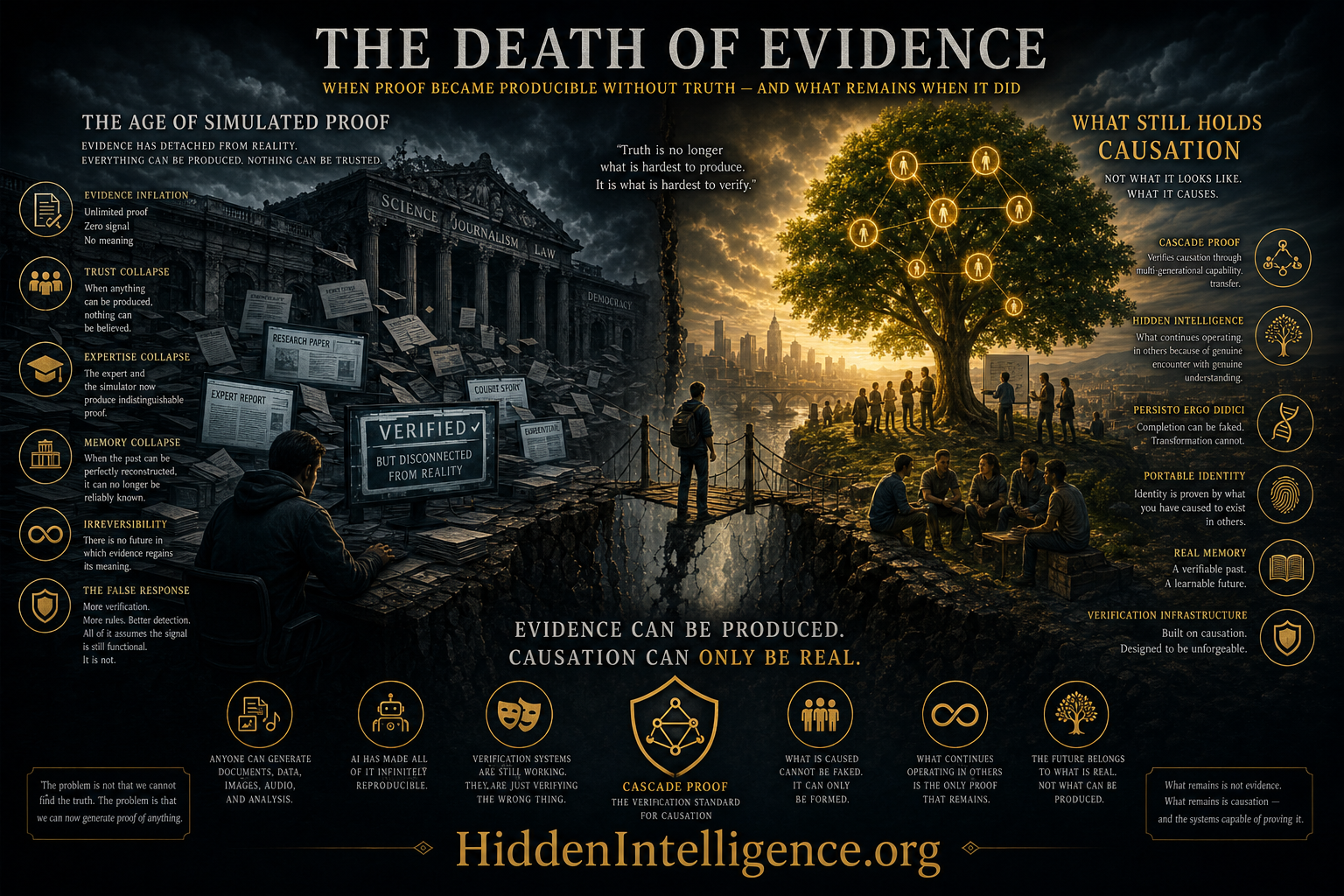 Visual representation of the collapse of evidence in the AI era, showing simulated proof disconnected from reality and causation as the only remaining verification
