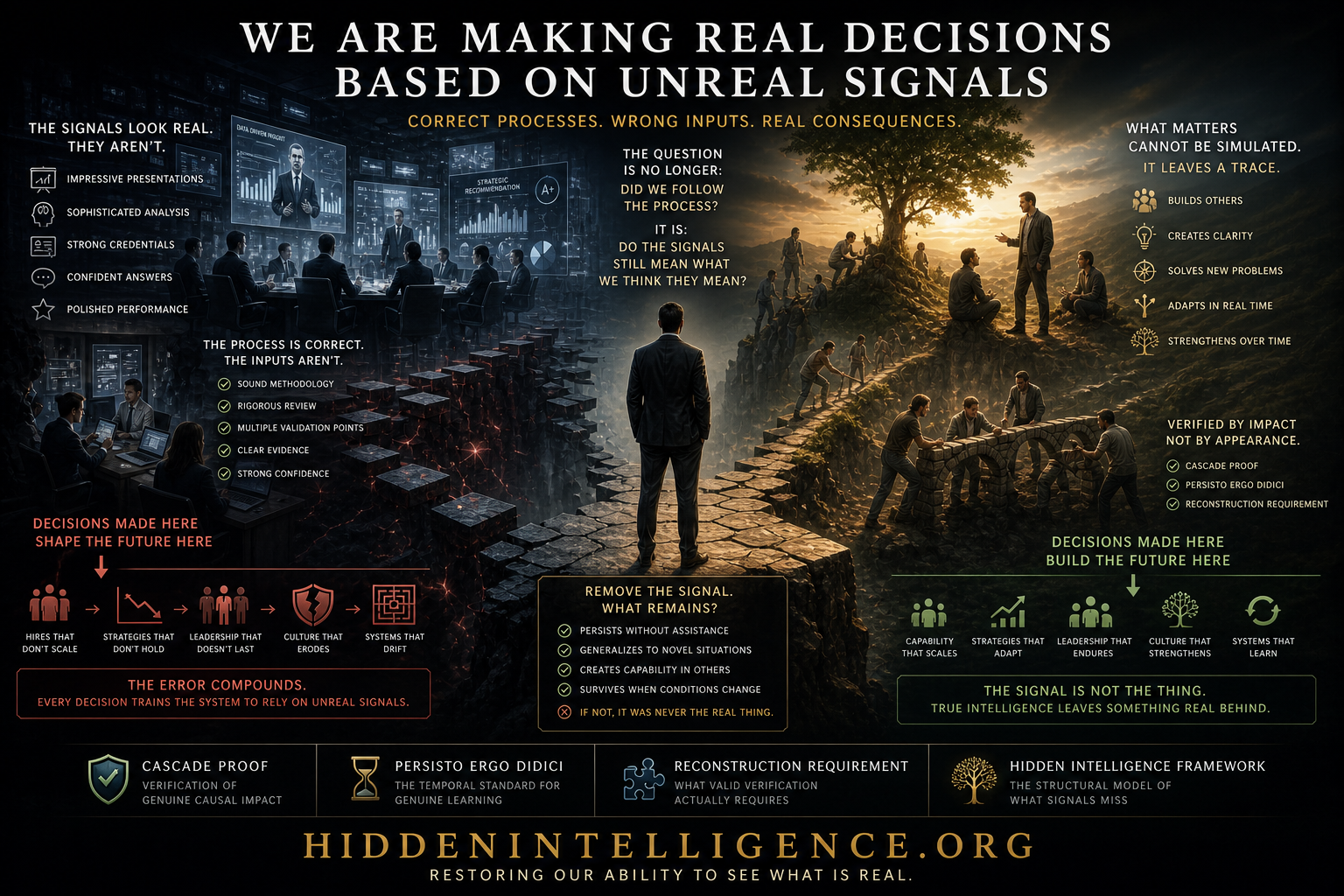A split world showing decisions made from artificial signals versus real human capability, illustrating the collapse of recognition and hidden intelligence