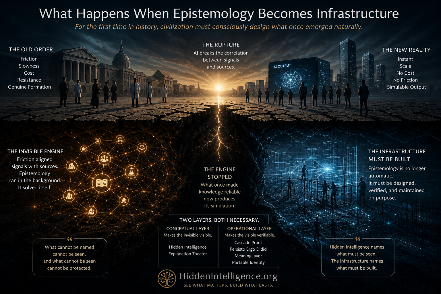 Illustration of epistemology becoming infrastructure as AI breaks the link between knowledge signals and real understanding