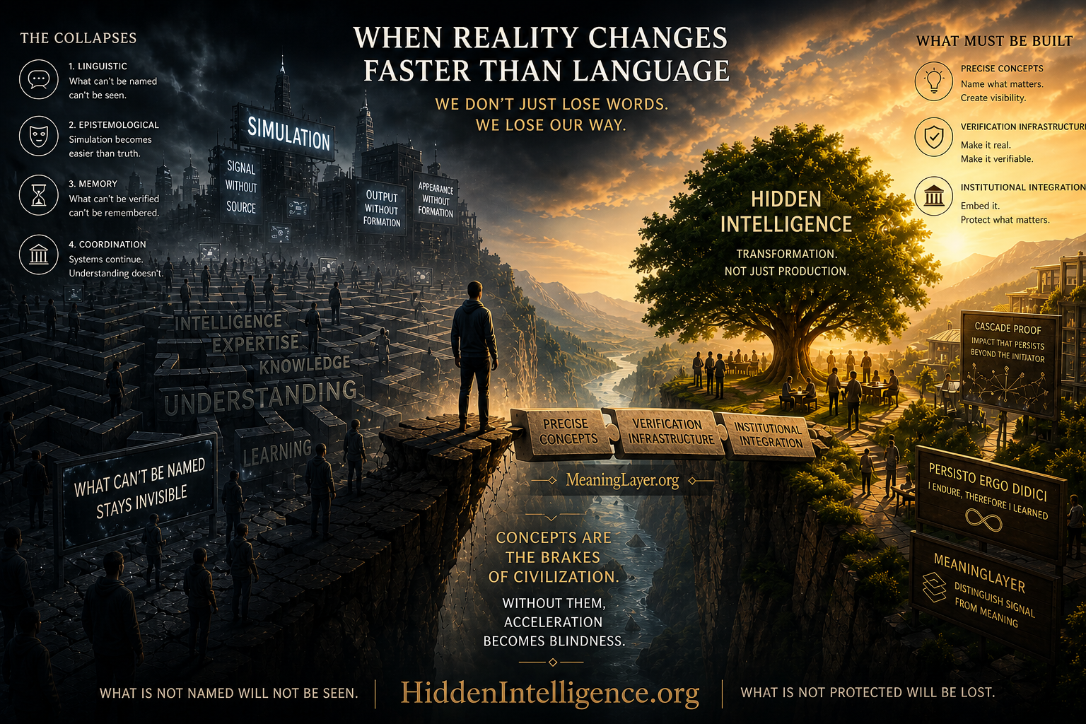Conceptual illustration of reality outpacing language, showing a fragile bridge between simulation and genuine understanding, with epistemological infrastructure emerging